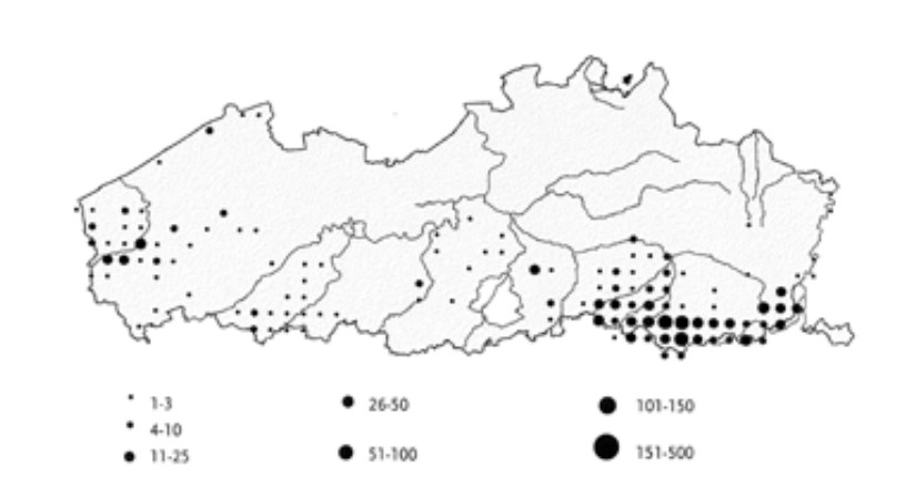 Verspreiding grauwe gors in Vlaanderen in 2000-2002 (Bron: Vermeersch et al. 2004 en Rutten 2004)